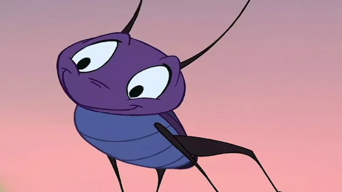 Cricket de la película Mulan sobre fondo rosado