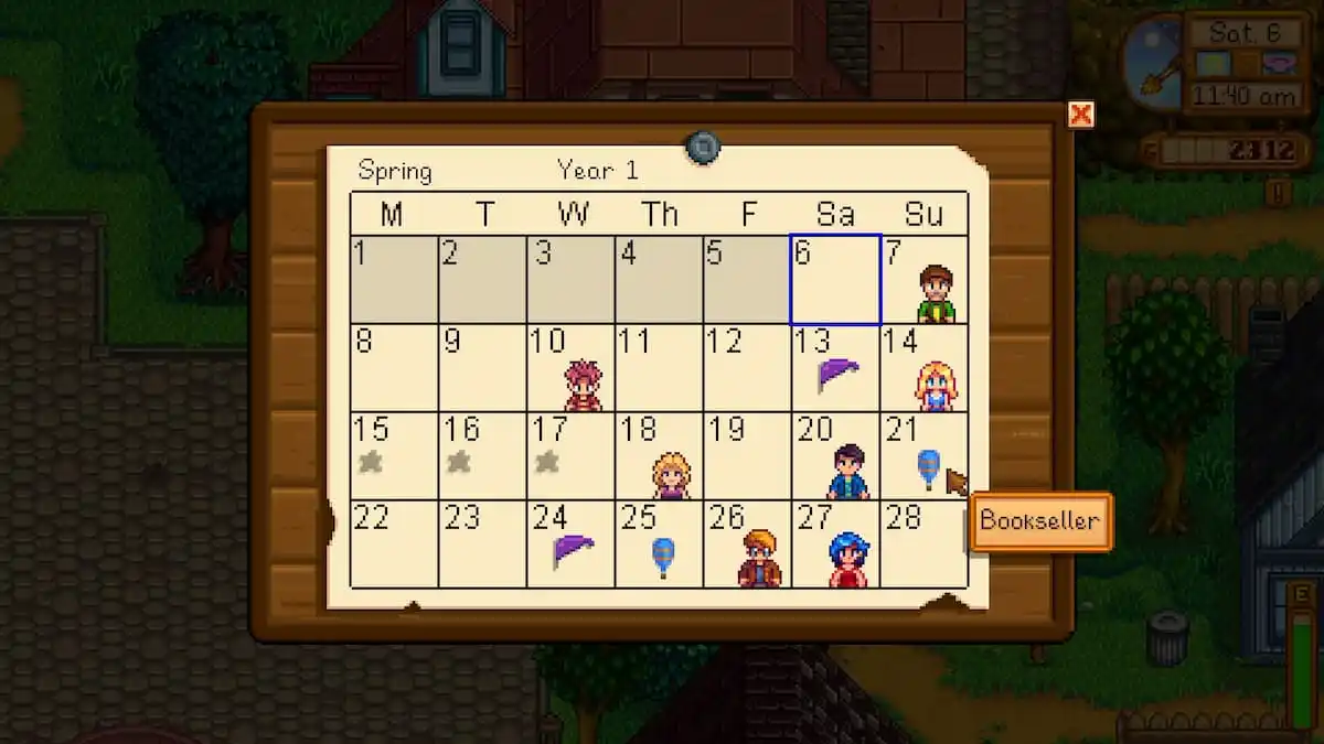 Calendario estacional de Pelican Town que destaca la apariencia del librero.