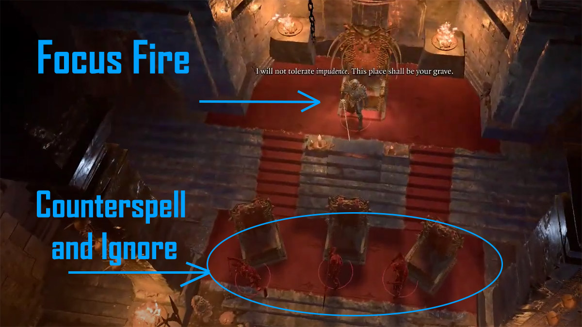 una sala del trono que muestra a sarevok y sus tres magos del eco