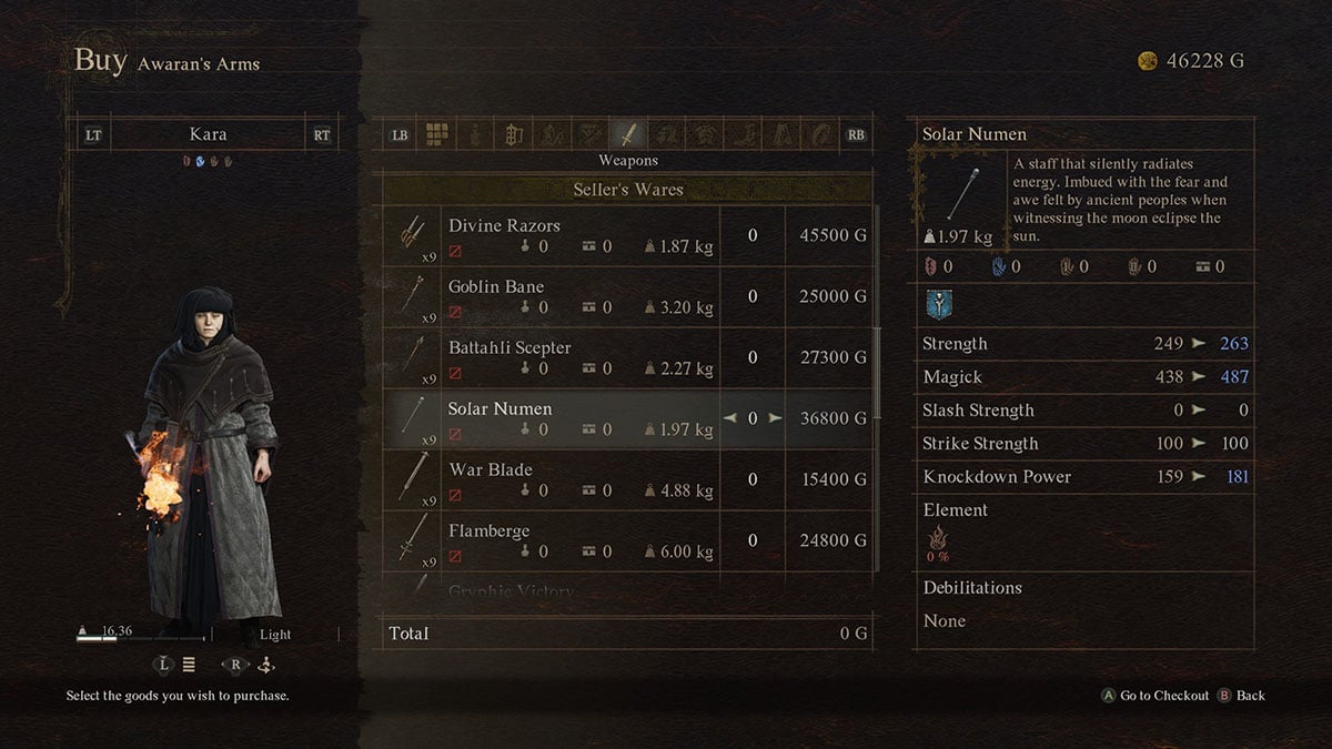 El personal de Solar Numen Mage en el vendedor de Bakbattahl en Dragon's Dogma 2