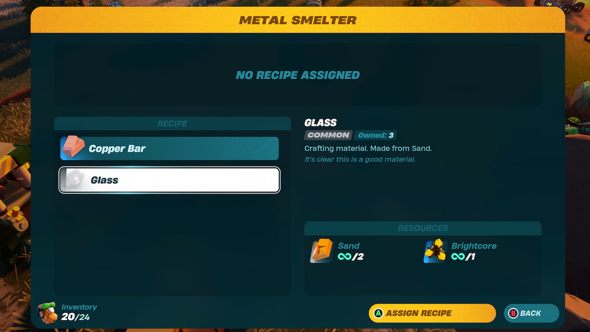 Cómo hacer vidrio en LEGO Fortnite 7 Menú de fundición de metales con receta de vidrio seleccionada, los ingredientes requeridos se muestran en la parte inferior derecha