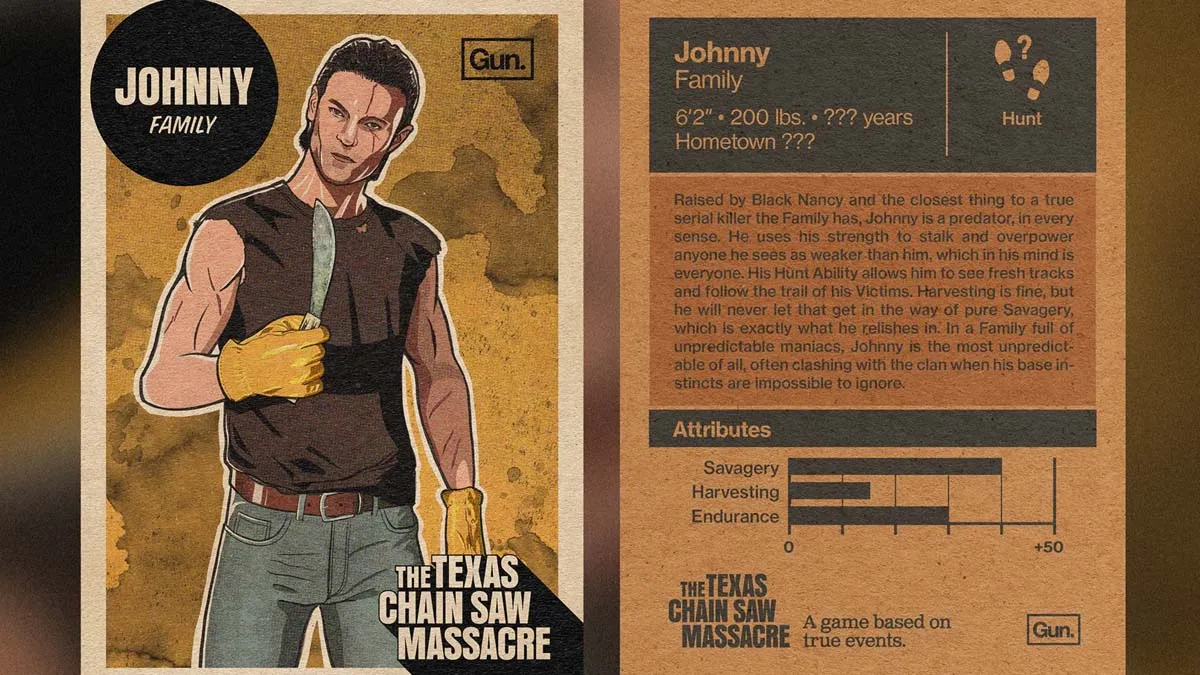 Una tarjeta que detalla las habilidades de Johnny en el juego The Texas Chain Saw Massacre. 