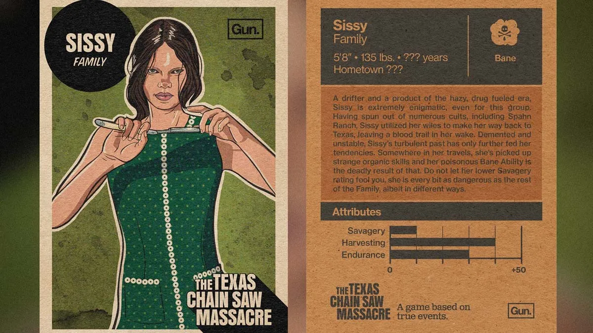 Una tarjeta que detalla las habilidades de Sissy en el juego The Texas Chain Saw Massacre. 