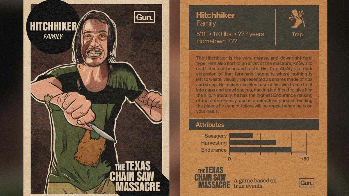 Una tarjeta que detalla las habilidades del autoestopista en el juego The Texas Chain Saw Massacre. 
