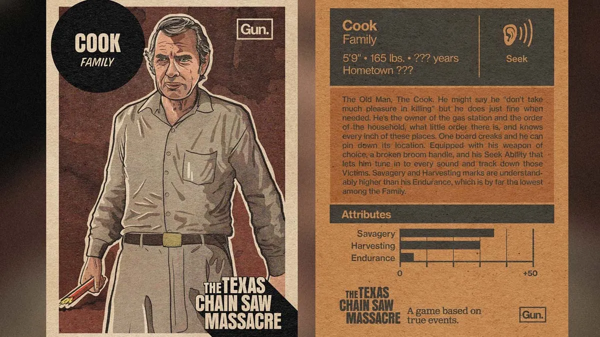 Una tarjeta que detalla las habilidades de Cook en el juego The Texas Chain Saw Massacre. 