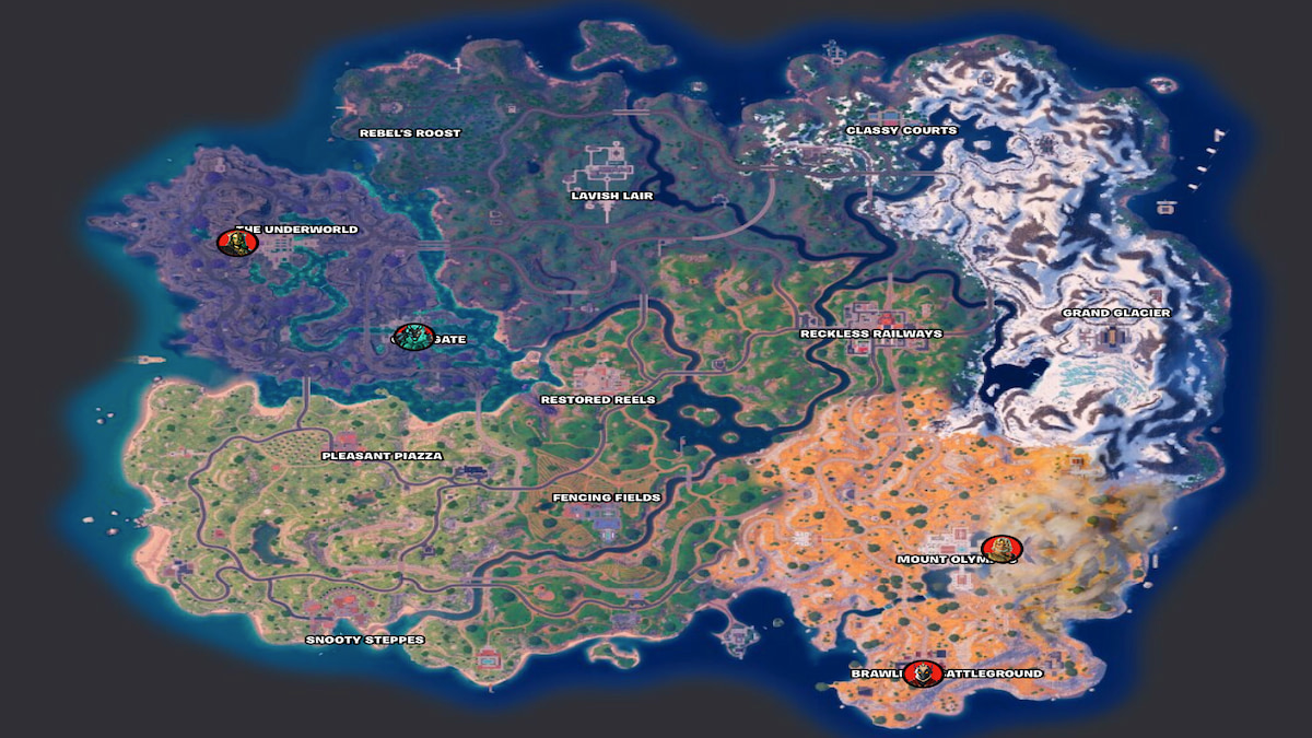 Mapa de Fortnite Capítulo 5 Temporada 2 con íconos de todas las ubicaciones de los jefes dioses