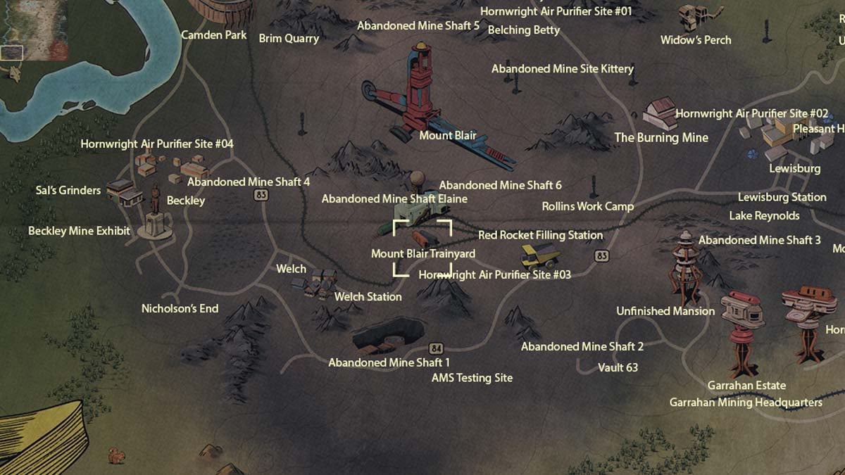 Ubicación del mapa Mount Blair Trainyard en Fallout 76