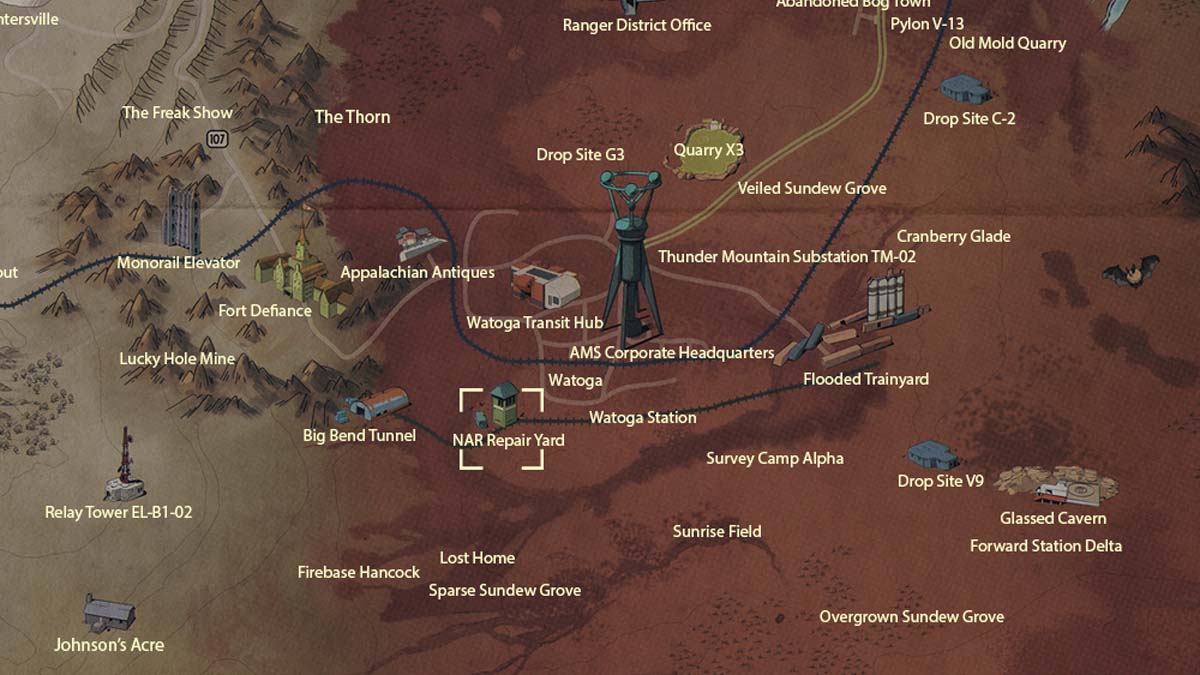 Ubicación del mapa del patio de reparaciones NAR en Fallout 76