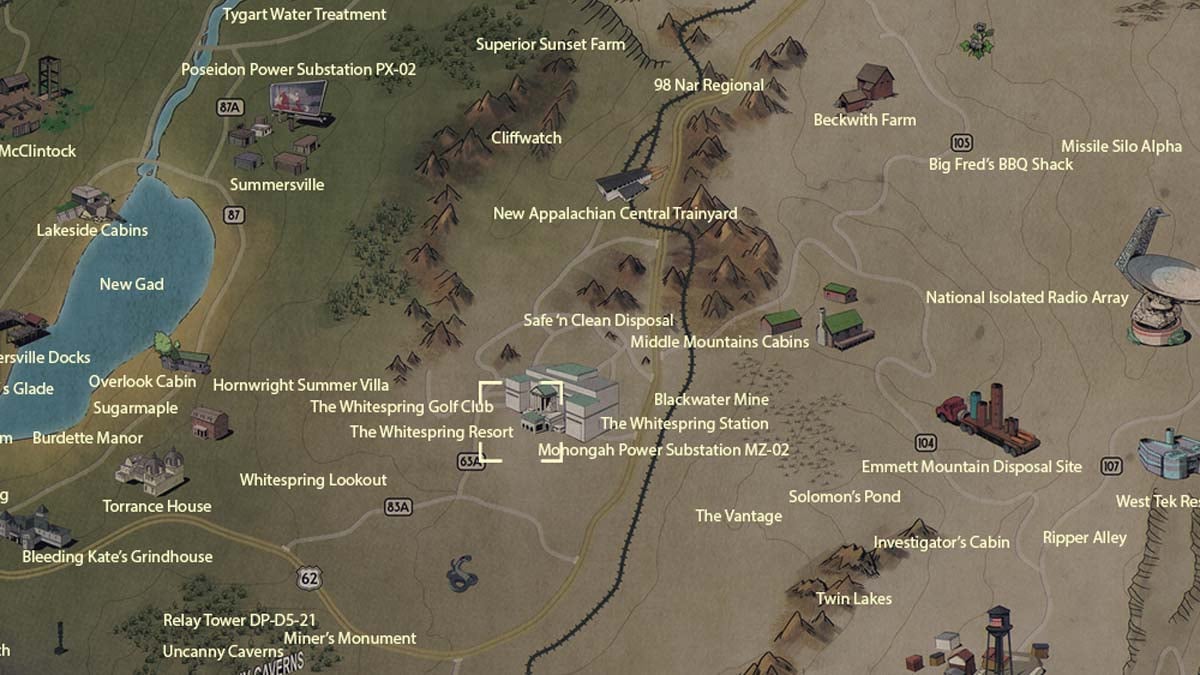 Ubicación del mapa del complejo y búnker de Whitespring en Fallout 76
