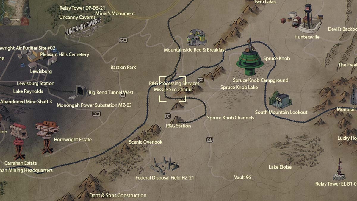 Ubicación del mapa de Site Charlie en Fallout 76