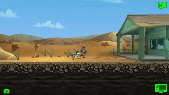 Character exploring the wasteland with pet dog.