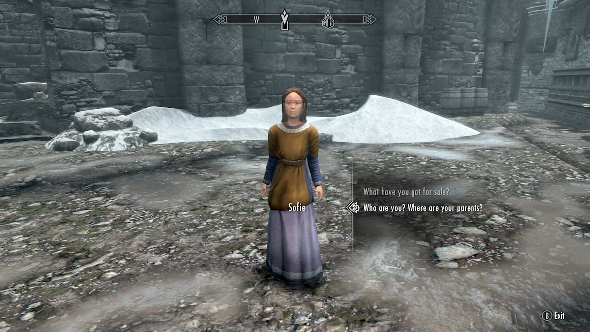 Todos los niños adoptables en Skyrim 11 Sophie niño en windhelm vendiendo flores