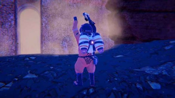 Player in front of a cave in Planet Crafter