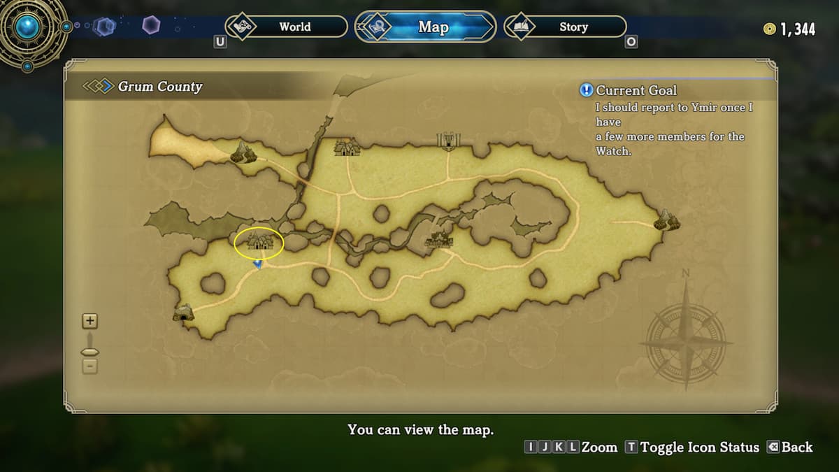 Mapa del condado de Grum con el pueblo donde se encuentra Francesca en un círculo amarillo