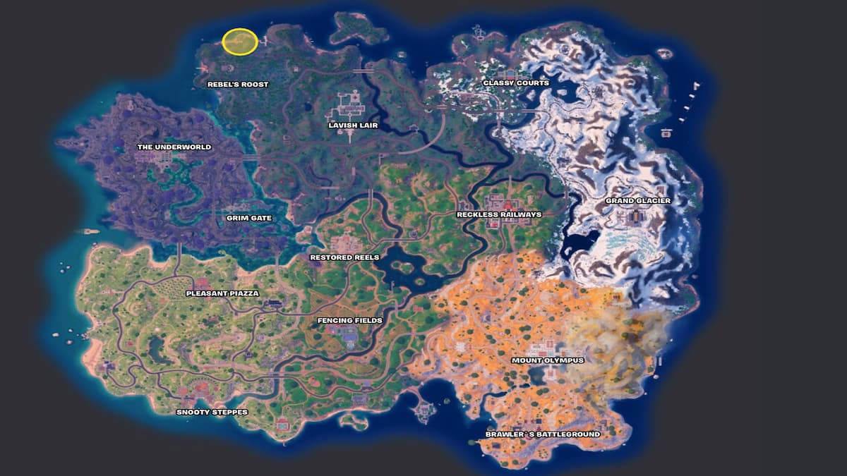 Mapa de Fortnite Capítulo 5 Temporada 2 con el Santuario Zuko en un círculo
