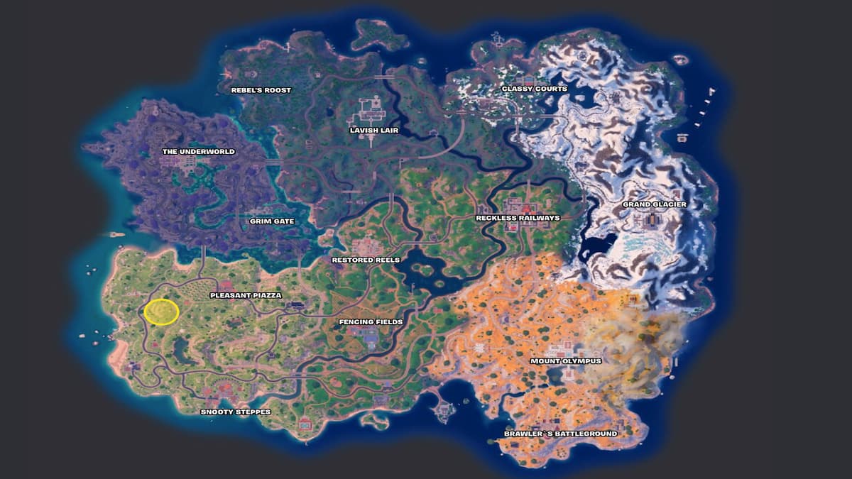 Mapa de Fortnite Capítulo 5 Temporada 2 con el Santuario de Toph en un círculo