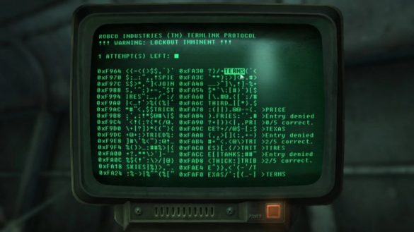Hacking a terminal in Fallout: New Vegas.