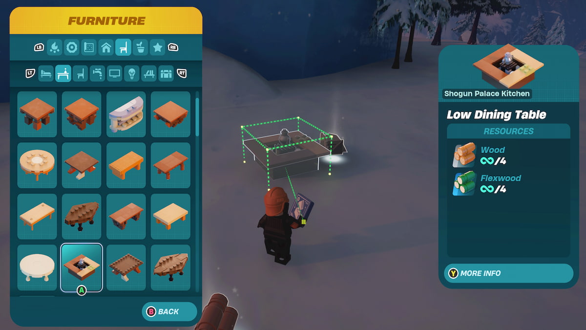 Menú de construcción con muebles en la misión de colocar piezas alpinas en LEGO Fortnite