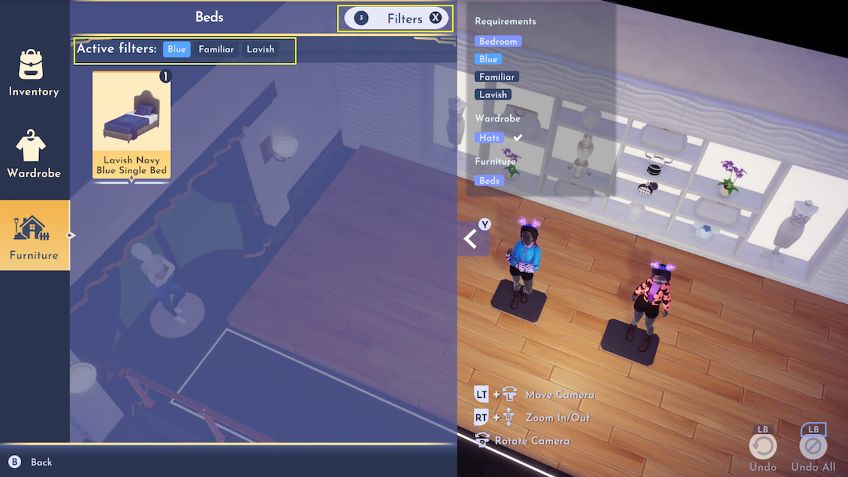 Menú de muebles en Disney Dreamlight Valley con requisitos y filtros de Boutique Challenge