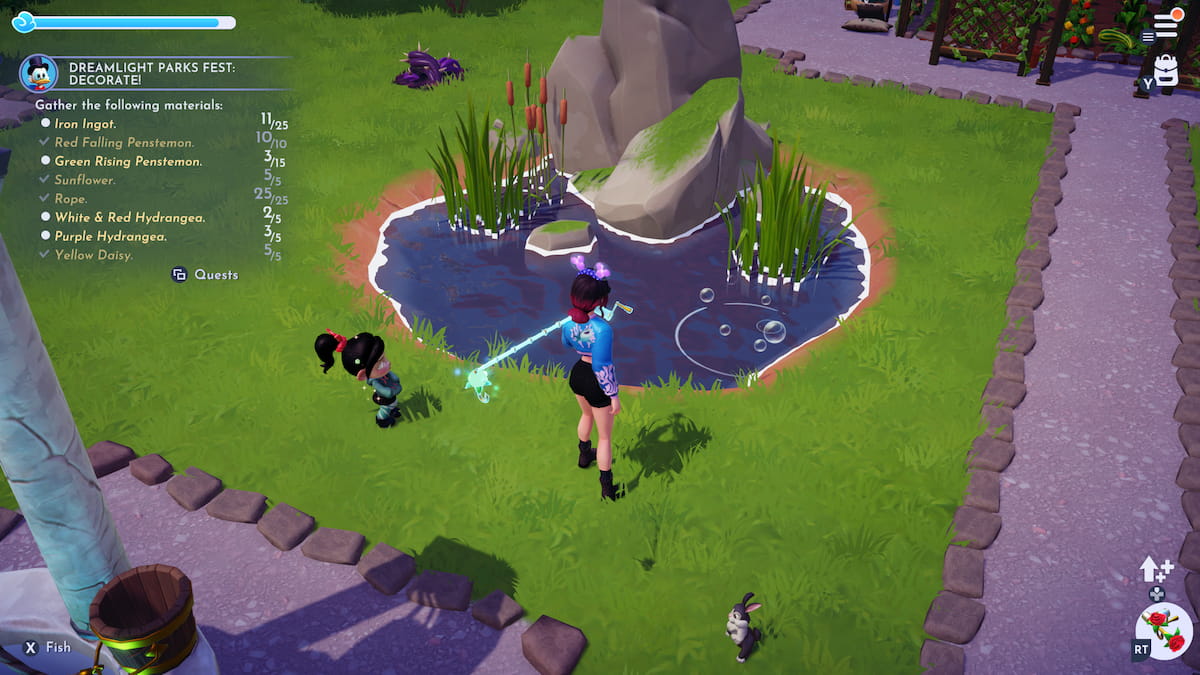 Lugares blancos de pesca de Disney Dreamlight Valley para botones azules en una tranquila pradera para el Dreamlight Parks Fest