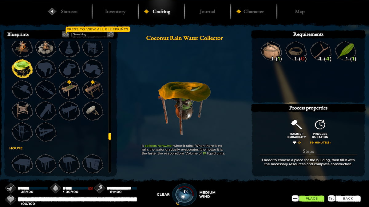 Recolector de agua de lluvia en menú de elaboración en fuente de supervivencia de la juventud