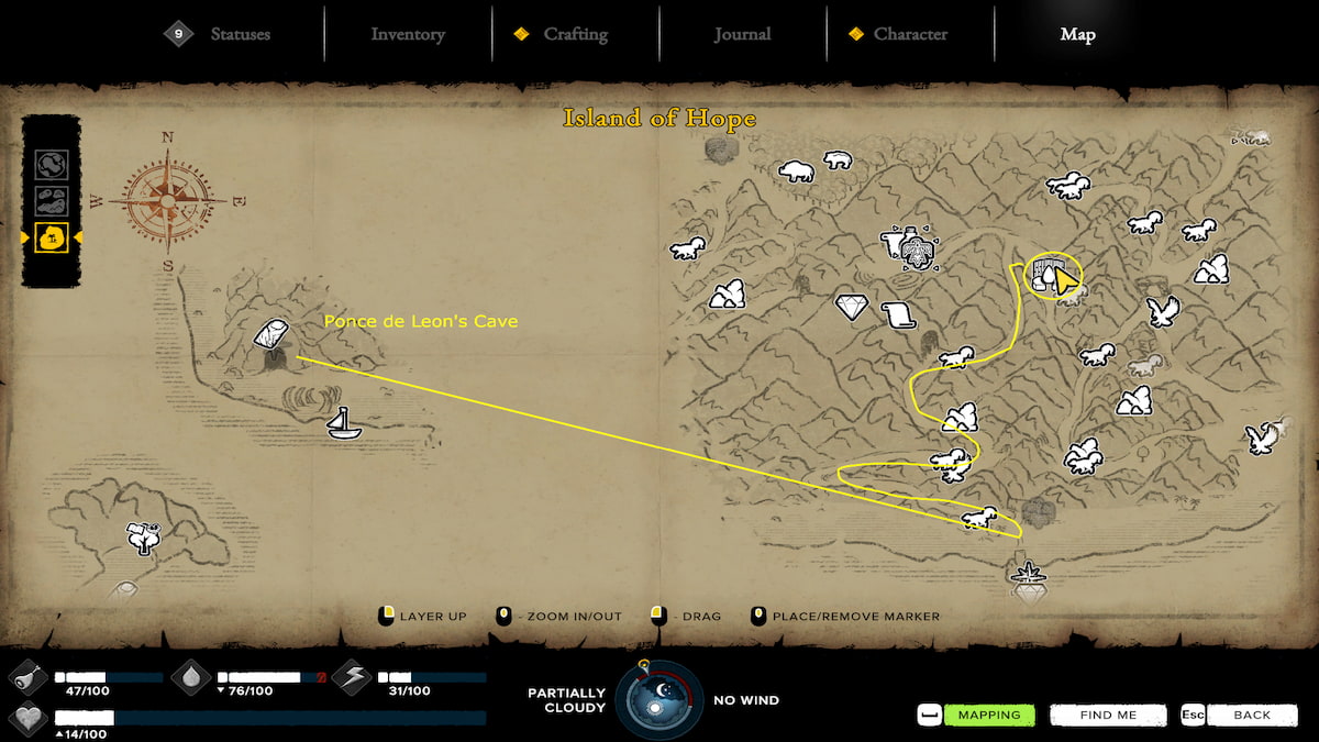 Mapa de la fuente de agua uno de la cueva de ponce de león en la fuente de supervivencia de la juventud