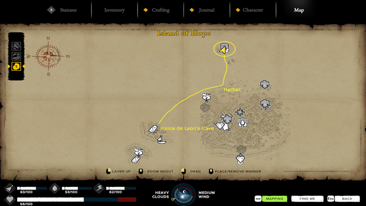 Mapa de la segunda fuente de agua, pasando el puerto donde se encuentra el catalejo de Ponce de León en la fuente de supervivencia de la juventud.