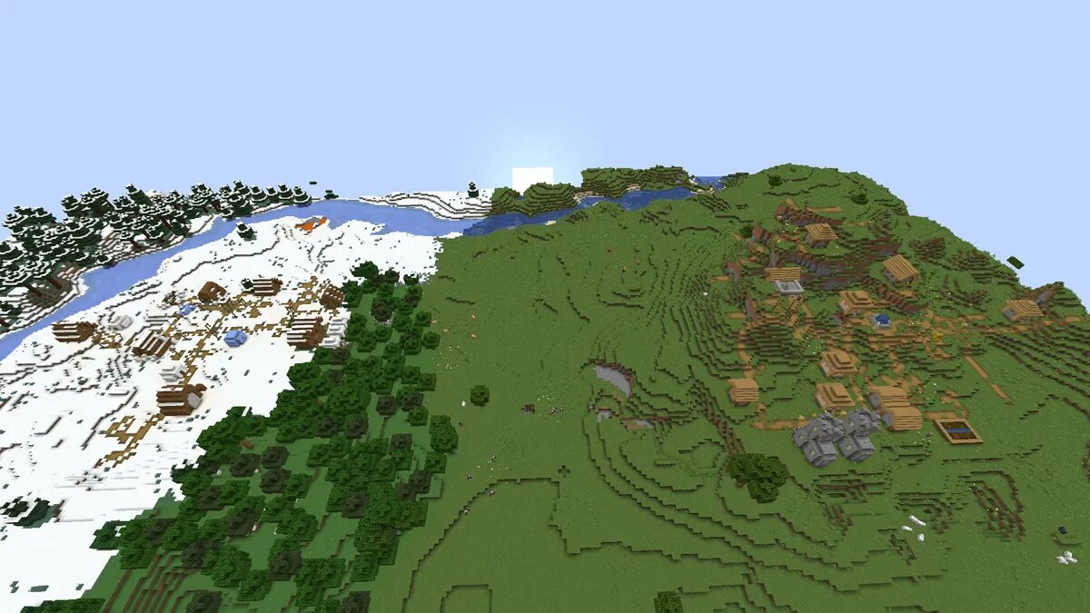 Llanuras nevadas y pueblo en Minecraft