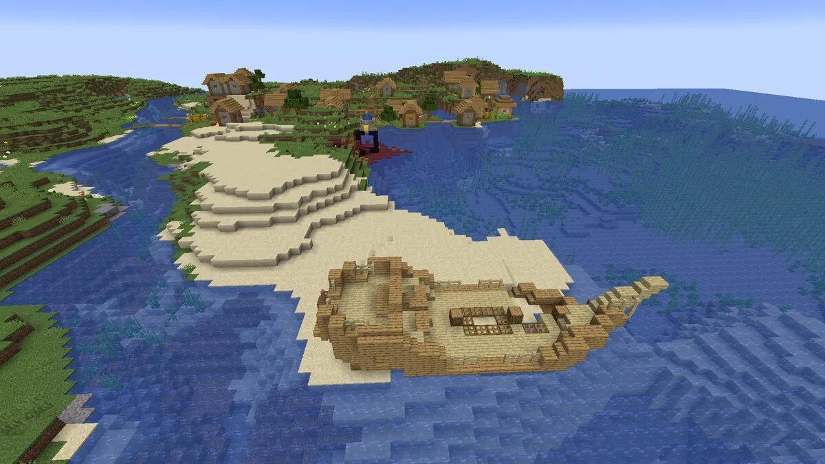 Naufragio y pueblo en Minecraft