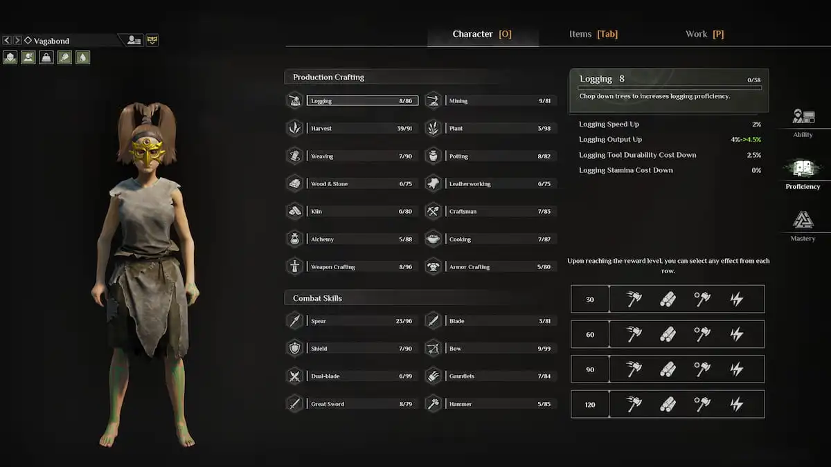 Página de competencia de Soulmask Tribesman con todas las habilidades