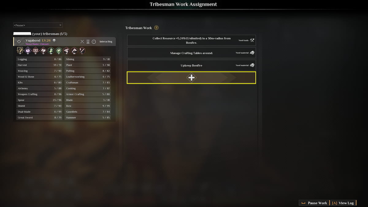Menú de asignación de trabajo de Soulmask Tribesman con + para agregar más trabajos