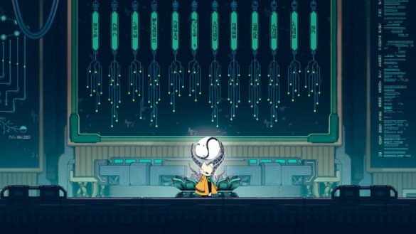 The protagonist of Nine Sols, Yi, in front of the flower used to rest.