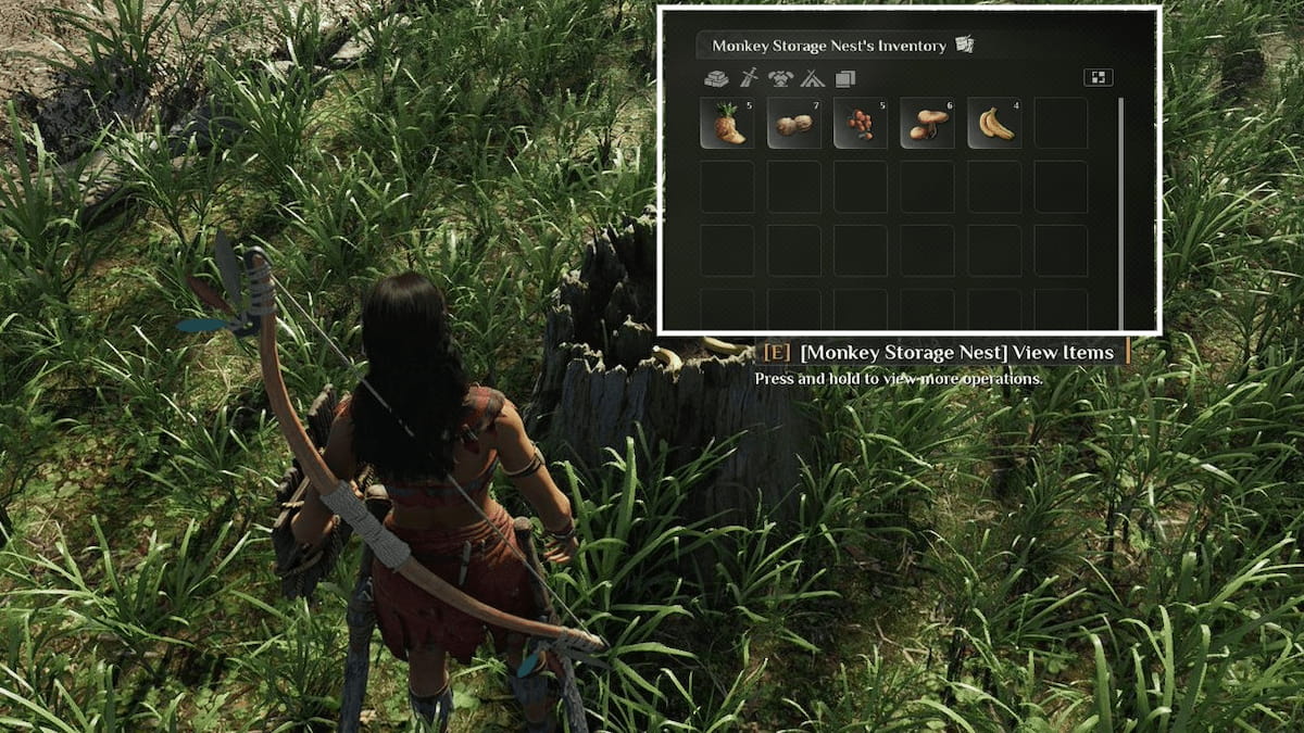 Recolectando frutas y nueces del Monkey Storage Nest en Soulmask