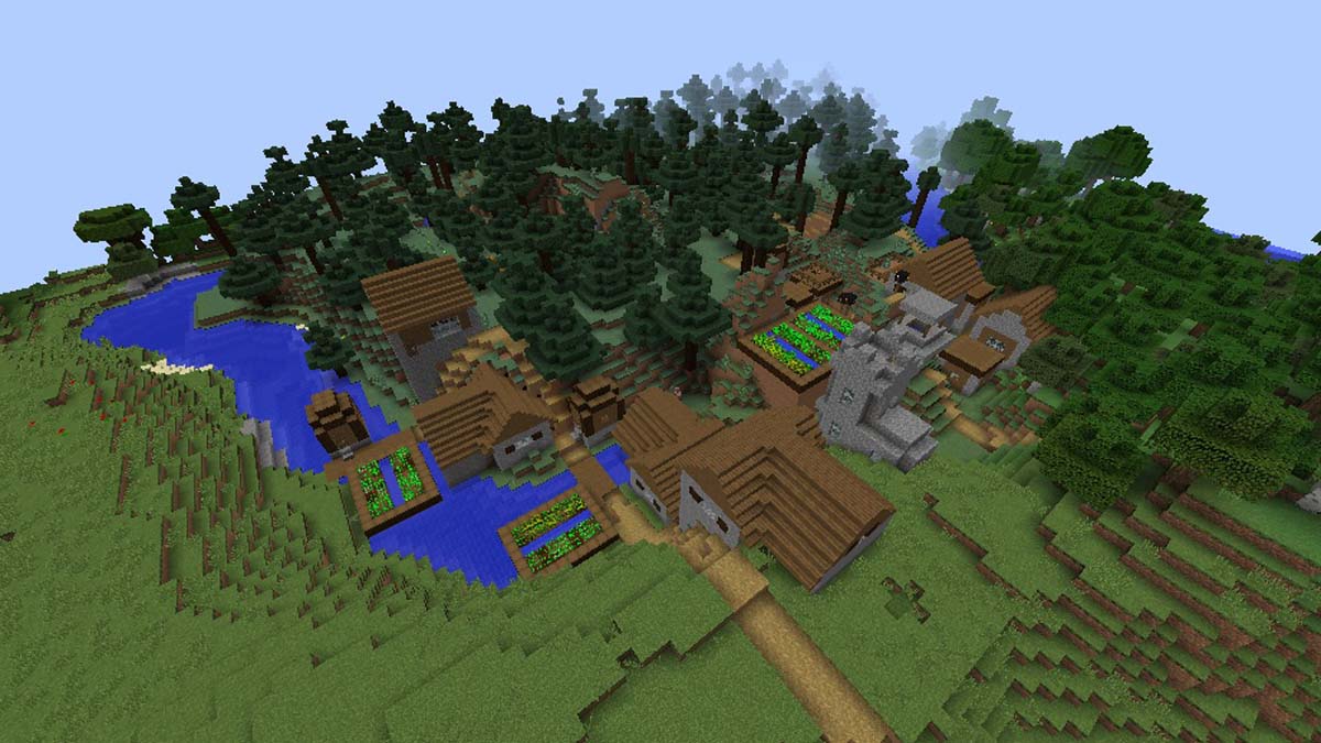 Pequeño río y pueblo de taiga en Minecraft