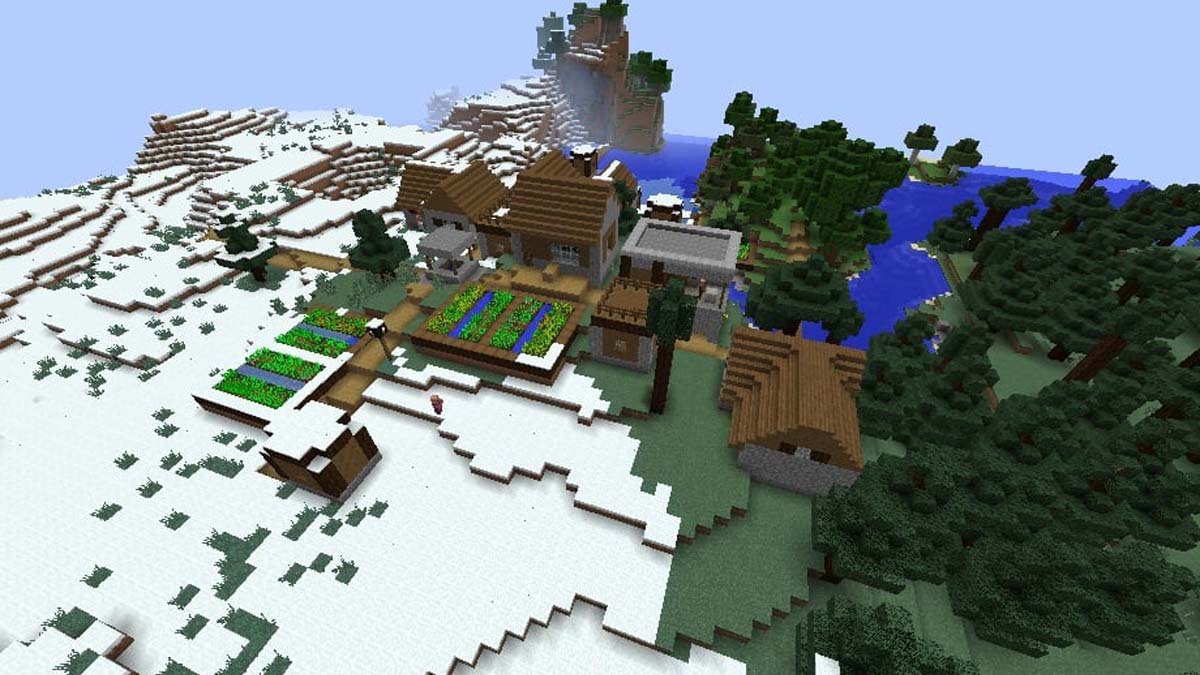 Herrero en un pueblo de taiga nevada en Minecraft