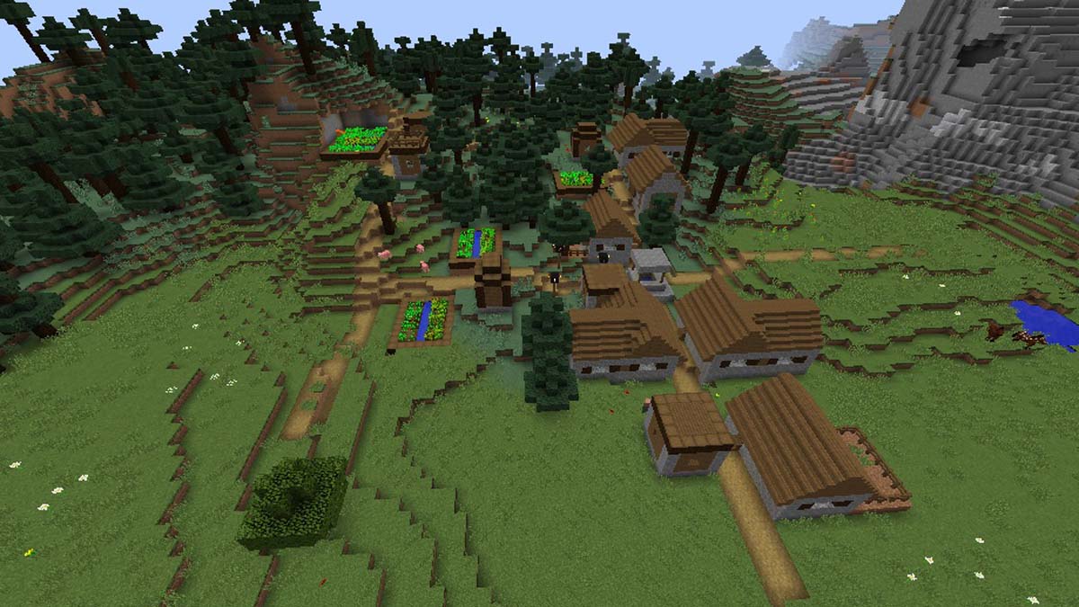 Muchas granjas en un pueblo de taiga en Minecraft