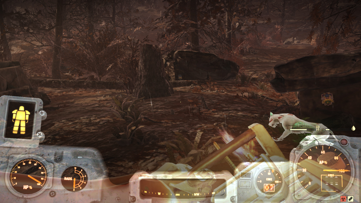 Tres rocas con un tocón de árbol en el centro en Fallout 76