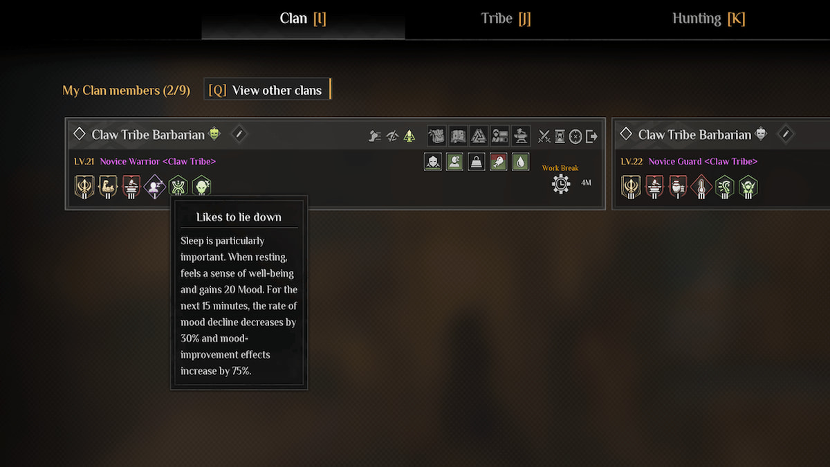 Menú de gustos y disgustos de los miembros de la tribu en Soulmask