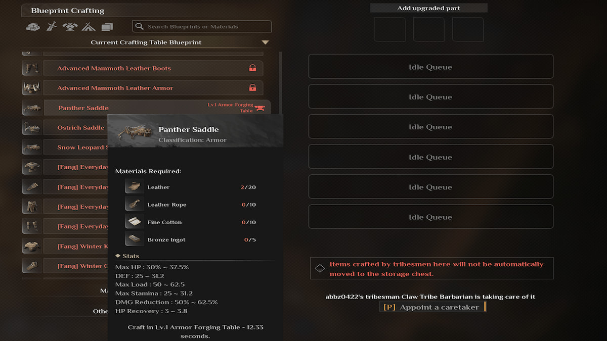 Elaborar una silla de montar de pantera en una mesa de forja de armaduras en Soulmask