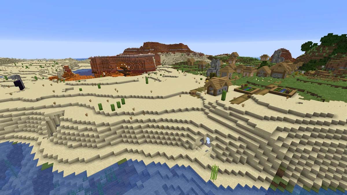 Pozo de mina expuesto y aldea en Minecraft