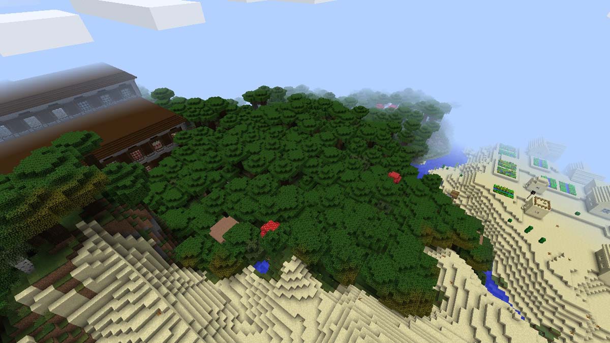 Mansión y pueblo en el bosque en Minecraft