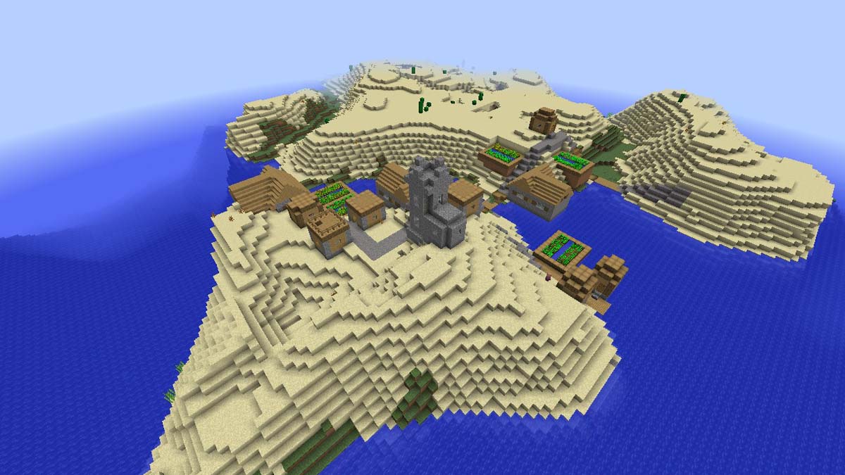 Isla desierta y pueblo de llanuras en Minecraft