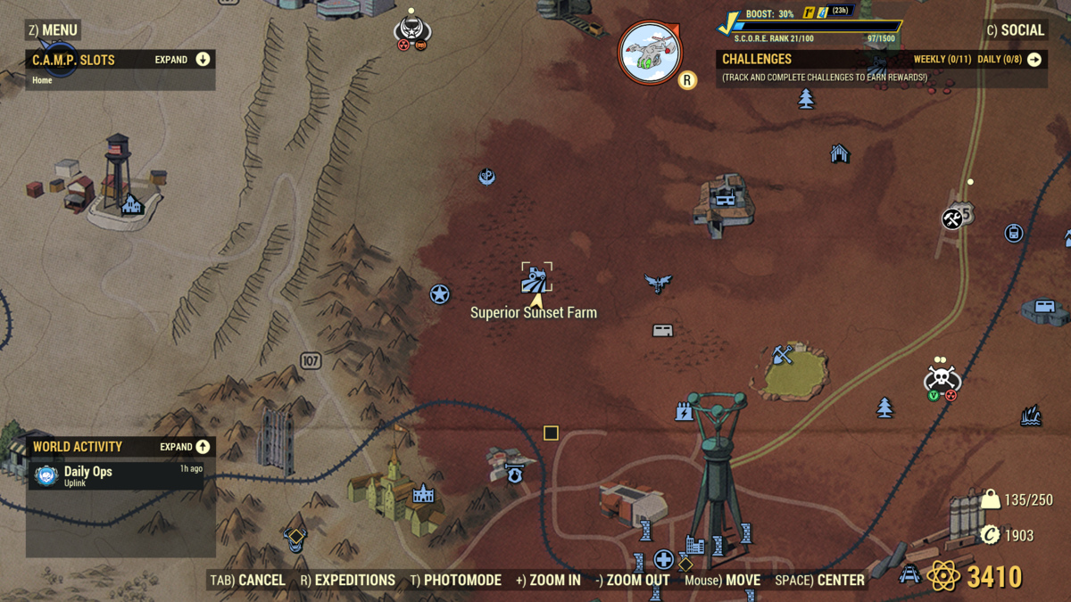 La ubicación de Superior Sunset Farm marcada en el mapa en Fallout 76.