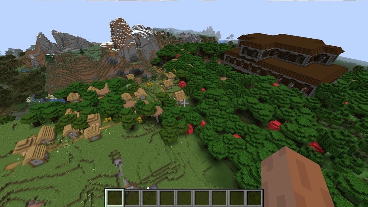 Mansión y pueblo en el bosque en Minecraft