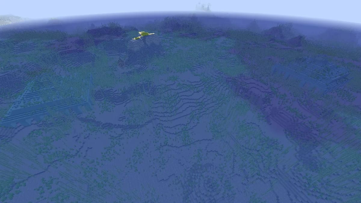 Monumento al océano cerca de una pequeña isla en Minecraft