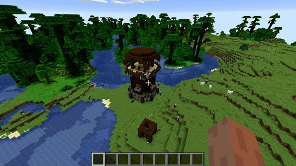 Puesto de avanzada de saqueadores cerca de un río en Minecraft