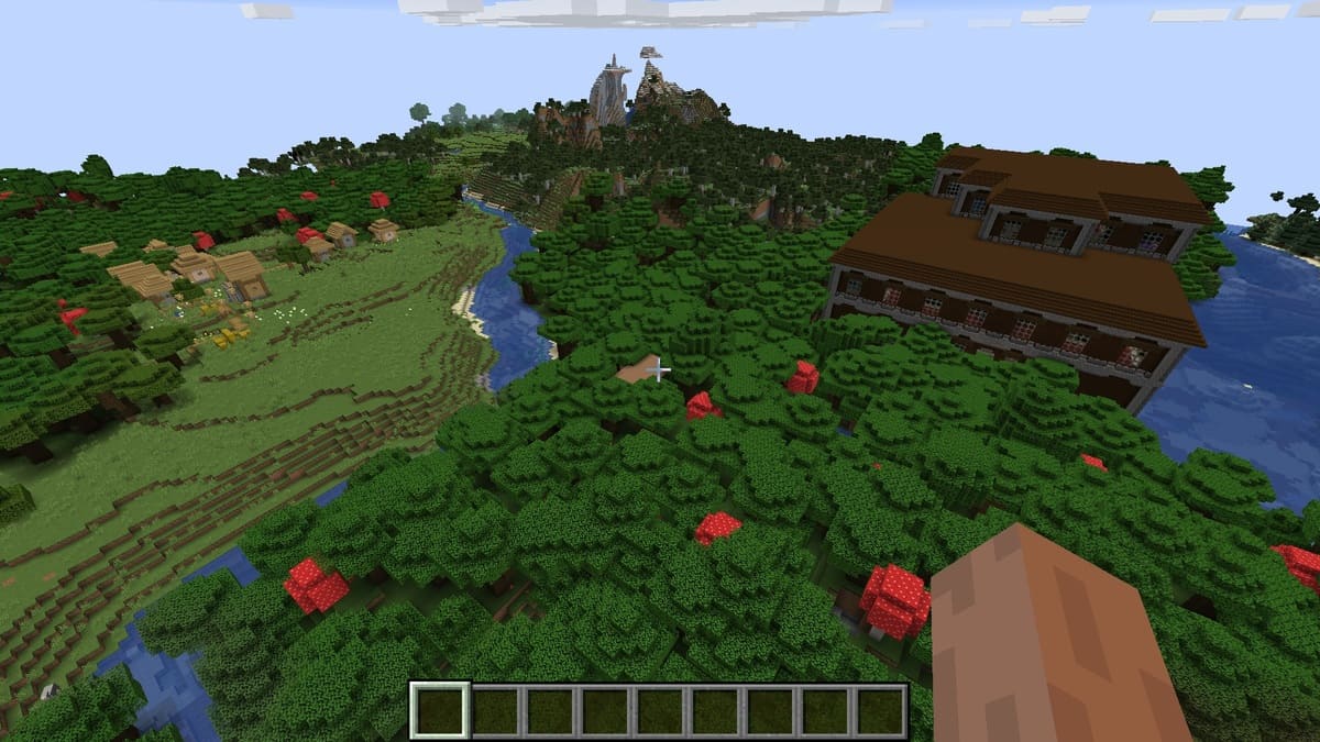 Mansión y pueblo en el bosque en Minecraft