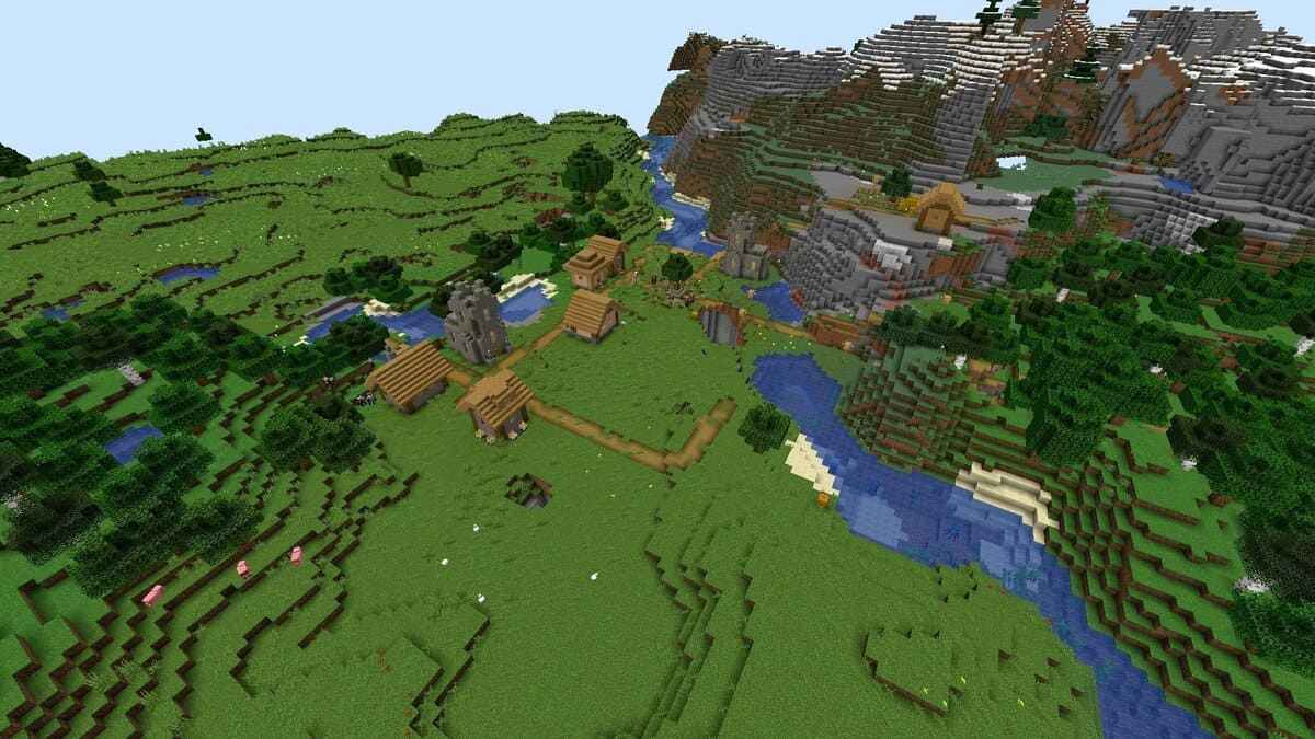Río, colinas y pueblo en Minecraft