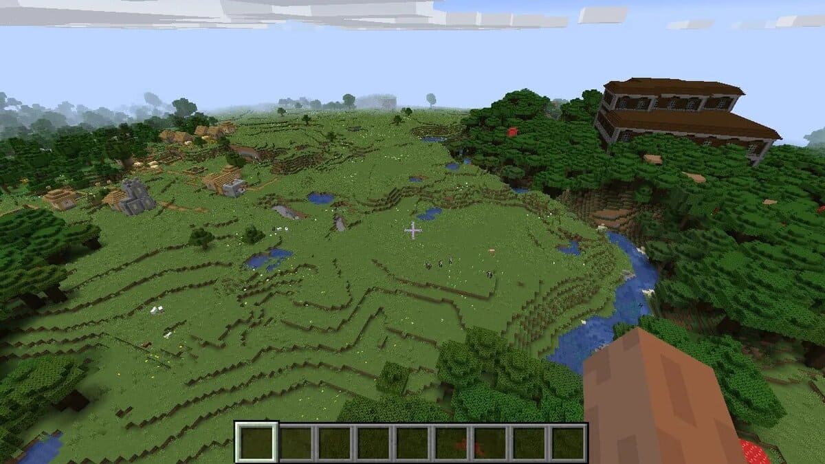 Mansión y pueblo en el bosque en Minecraft