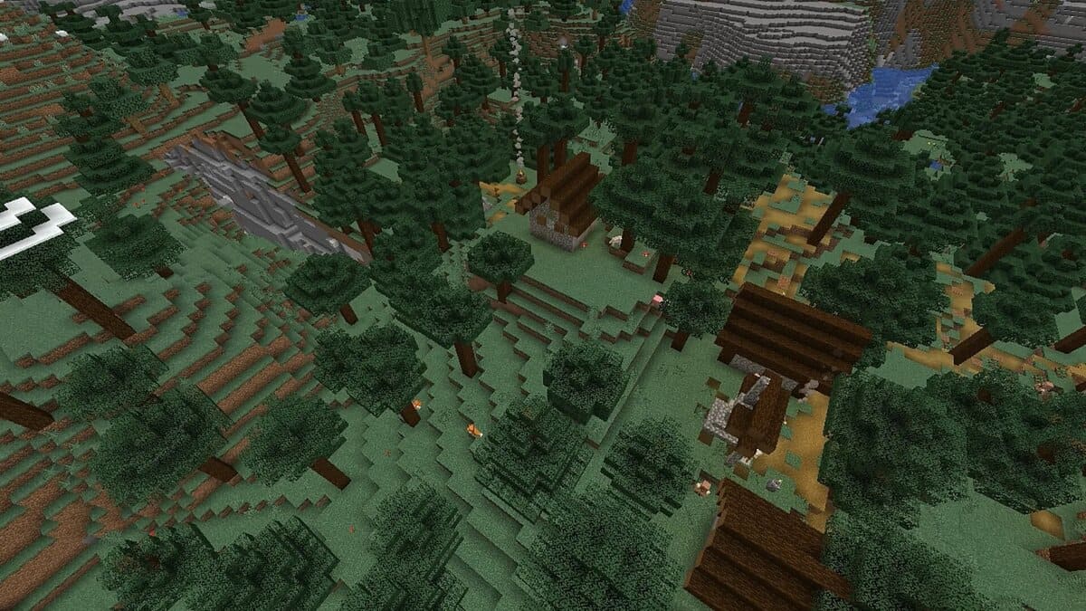 Barranco y pueblo de taiga en Minecraft